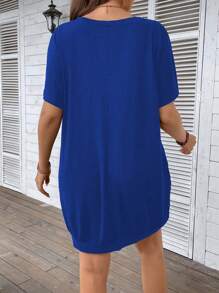SHEIN LUNE Plus Size Solid Color Short Sleeve V-Neck Dress, Fashionable For Summer - Blue - View 2