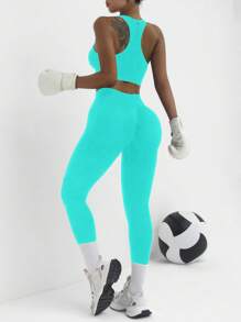 SHEIN Cheerettes Women's Solid Color Sports Tank Top & Pants Set, Minimalist And Fashionable, Suitable For Summer Workout Women Sets - Green - View 3