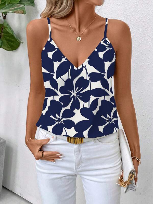 SHEIN Clasi Women's Boho Floral Print Woven Fabric Spaghetti Strap Backless Cami Top