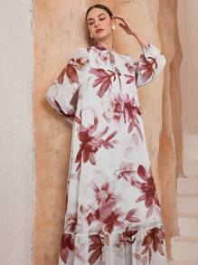 Graceveil Women's Floral Print Ruffled Tie Neck Dress For Vacation Fall Cloth For Women - Red - View 4