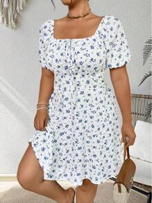 SHEIN Clasi Plus Size Square Neck Short Sleeve Dress, Fashionable For Summer - Blue and White - View 3