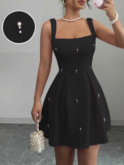 Rafferiza Women's Solid Color Splicing Wide Strap Rivet Pearl Casual Dress