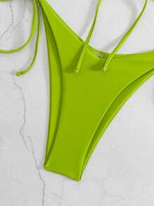 SHEIN Swim Women's Summer Beach Solid Color Bandeau Tie Front Sexy Bikini Swimsuit Set, Wireless - Olive Green - View 6