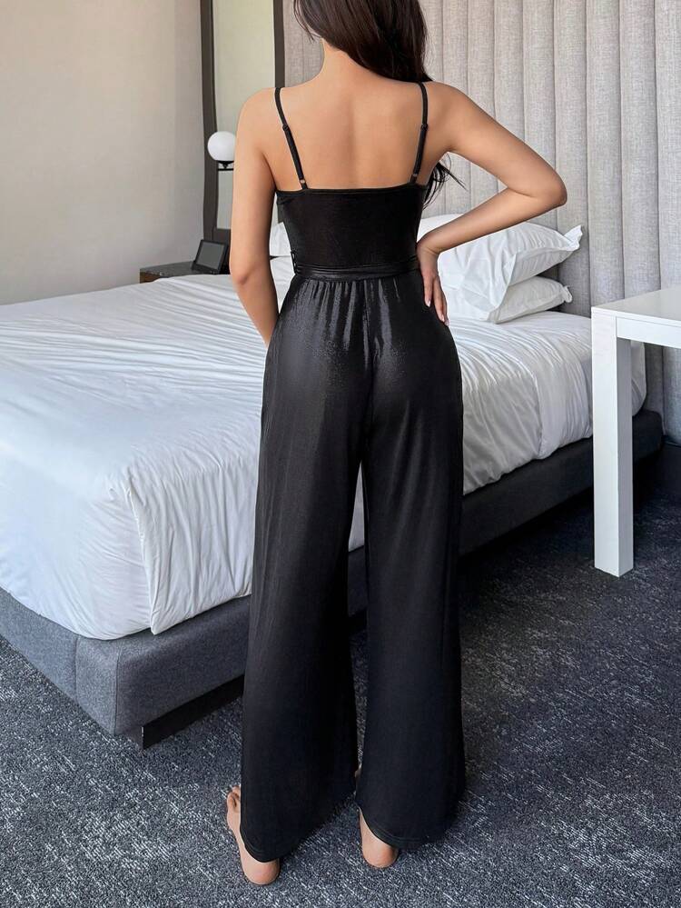 Shiny Fabric Sling Waist Jumpsuit For Women Pajama