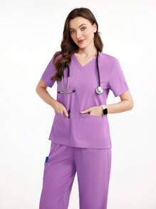 Scrubzie Conjunto Uniforme de Scrub Cor Sólida com Top de Manga Curta e Calça