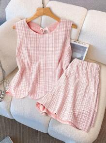 Regalyn Completo casual estivo in 2 pezzi da donna taglie forti, con camicia senza maniche con fiocco in vita, balze sull'orlo e shorts a quadri