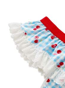 NotGurli Set de lencería de top tipo bralette y bragas con multicapa de volantes, encaje y estampado de flores y cuadros rojos y azules con diseño cruzado en triángulo, ideal para festivales de música y fiestas