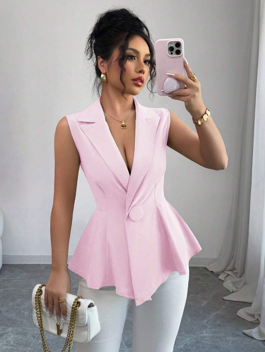 Elenzga Women's Fashionable Elegant Sleeveless Shirt, Open Front, Large Buttons, Lapel Collar, Waist Cutout, A-Line Asymmetric Hem, Green Woven Fabric, Suitable For Holiday - Pink - View 1