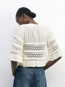 Maija Apricot Cropped Ruffle Sleeve Vacation Style Sweater For Women, Suitable For Music Festival, Autumn/Winter Beach White Top - Apricot - View 6