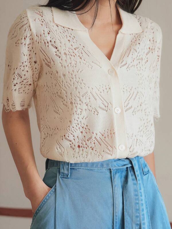 Dazy-Less Women's Summer Casual Hollow-Out Knit Short Sleeve Cardigan Business Casual Women