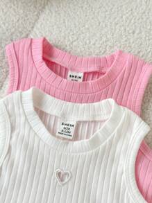 4pcs Baby Girls Ribbed Heart T-Shirt + Shorts, Sleeveless Vest Top, Casual And Fashionable - Multicolor - View 3