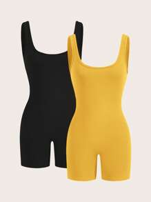 SHEIN SXY 2 Packs Women's Summer Casual Solid Color Sleeveless Jumpsuit - Yellow - View 3