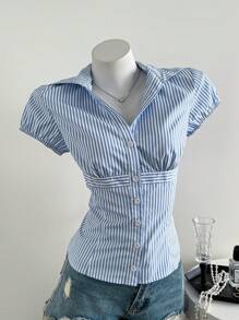 Elamini Women Striped Casual Versatile Fitted Polo Collar Shirt, Spring/Summer
