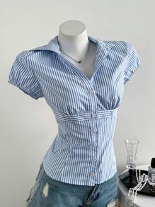 Elamini Women Striped Casual Versatile Fitted Polo Collar Shirt, Spring/Summer