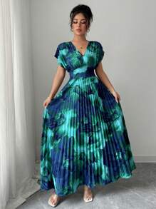 Elenzga Women's Random Print Elegant Ruched Fitted Midi Dress, Fashionable Holiday Style - Blue - View 4