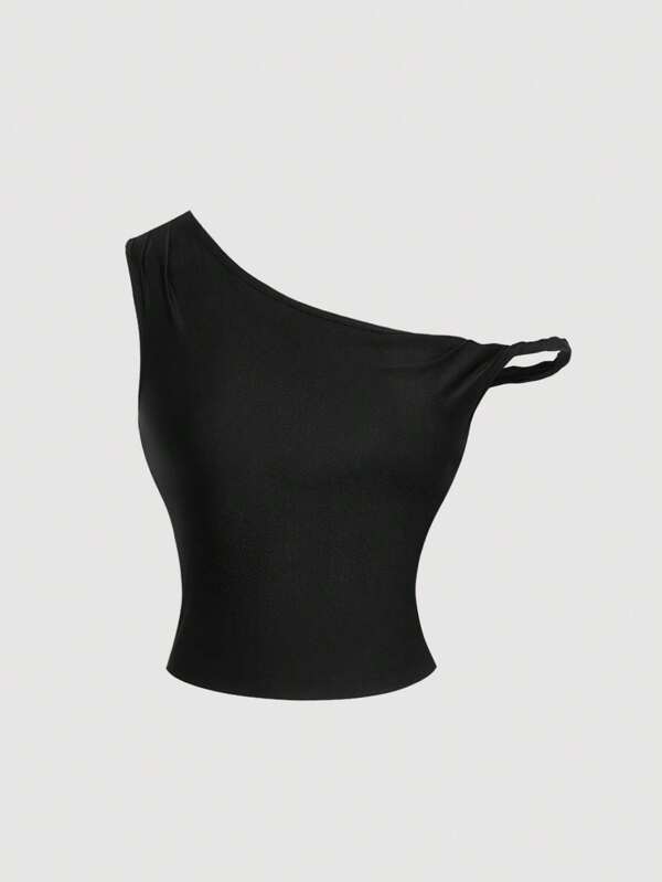 SHEIN MOD Blusa negra asimétrica de hombro casual para mujer