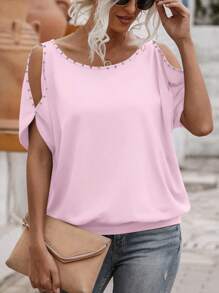 EMERY ROSE Women's Off Shoulder Solid Color Short Sleeve Round Neck Minimalist & Fashionable Summer T-Shirt - Pink - View 3