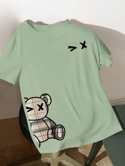 SHEIN PETITE Women's Plaid Bear Print Cozy Casual Short Sleeve T-Shirt, Comfortable For Home Wear, Spring/Summer