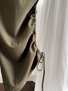 SHEIN LUNE Women's Solid Color Elastic Waist Drawstring Hem Straight Leg Casual Pants Fall Cloth For Women - Army Green - View 3