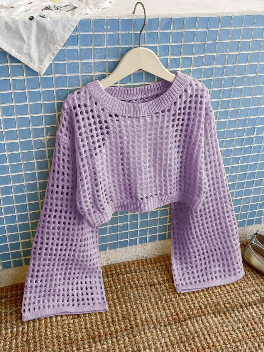 Tween Girls Solid Color Crew Neck Long Sleeve Hollow Out Loose Knitted Sweater - Lilac Purple - View 1