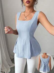 Elenzga Nouvelle blouse élégante et vintage bleu marine avec taille serrée, col carré et sans manches, Collection Printemps/Été 2025 - Bleu ciel - Voir 4