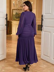 Modelyn Elegant Plus Size Purple Maxi Dress: Long Sleeve, Round Neck, Mermaid Hem Mesh Dress For Special Occasions