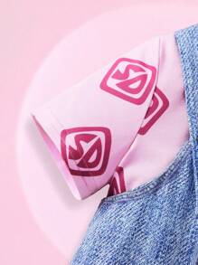 SCOOBY-DOO X SHEIN Baby Girl Pink Allover Print Knitted Round Neck Short Sleeve T-Shirt And Cartoon Character & Dog Print Adjustable Straps Jumper Dress - Multicolor - View 5