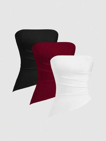 Sweetra Conjunto de 3 piezas para mujer con top tipo bandeau y dobladillo oblicuo desigual, de moda versátil