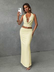 Aloruh 2pcs/Set Women Solid Color Halter Neck Draped Vest And Pleated Skirt Set Honeymoon Outfits Woman - Yellow - View 6