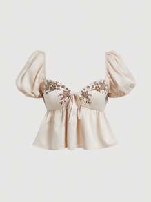 SHEIN MOD 70 年代复古卡其色波西米亚风花卉印花系带泡泡袖衬衫 - 完美的假日和西式风格沙滩装、夏季、海滩、度假女士、狂欢、乡村音乐会