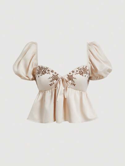 SHEIN MOD 70 年代复古卡其色波西米亚风花卉印花系带泡泡袖衬衫 - 完美的假日和西式风格沙滩装、夏季、海滩、度假女士、狂欢、乡村音乐会