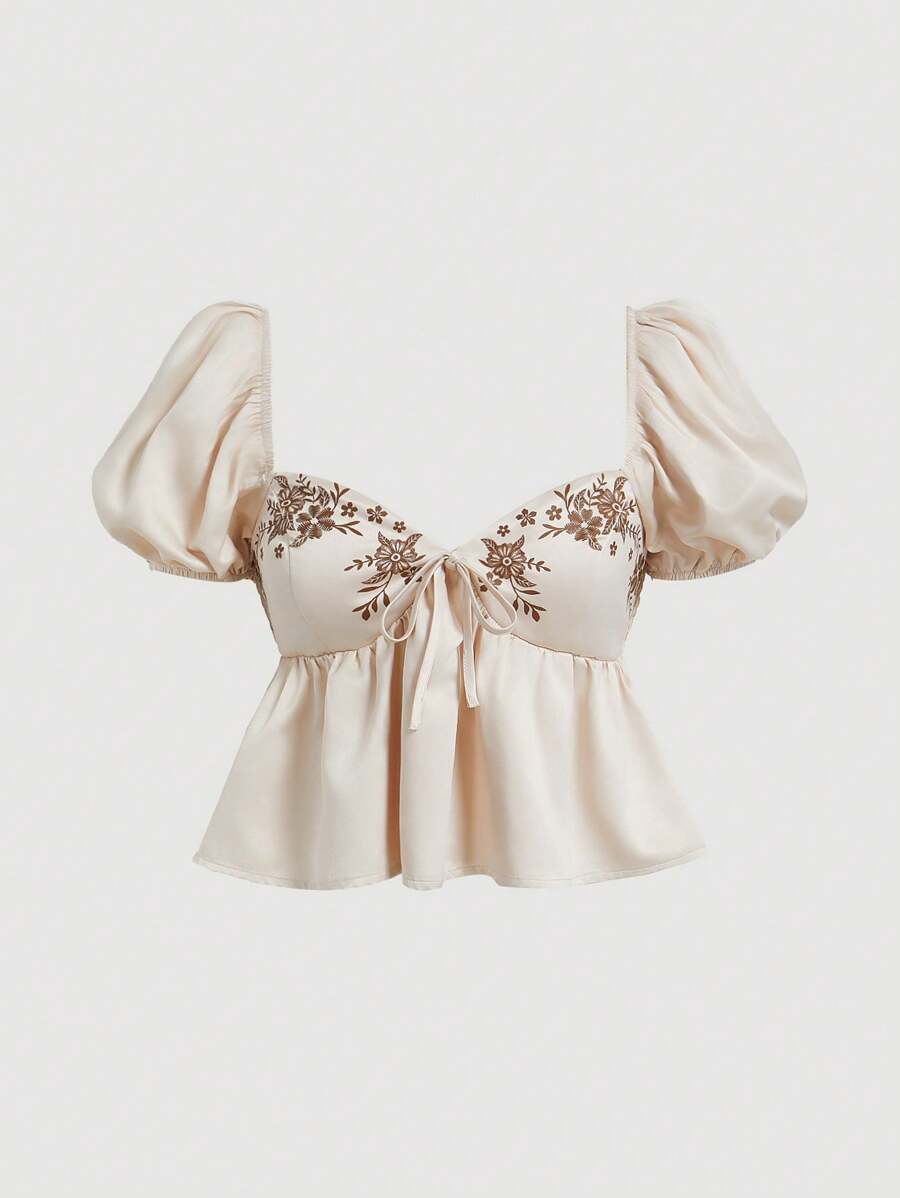 SHEIN MOD 70 年代复古卡其色波西米亚风花卉印花系带泡泡袖衬衫 - 完美的假日和西式风格沙滩装、夏季、海滩、度假女士、狂欢、乡村音乐会