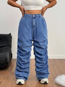 SHEIN EZwear Quần Jeans Denim Lưng Thun Màu Xanh Nhạt Phai Size Lớn - Rửa tối - Xem 4