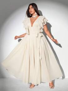 Viva Relle Plus Size Women Elegant Romantic Lace Up Deep V-Neck Ruffle Sleeve A-Line Chiffon Dress - Apricot - View 3
