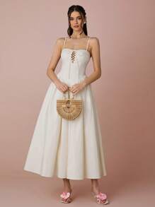 Enchnt 春夏浪漫女士杏色前系带细肩带连衣裙，甜美优雅性感太阳裙，适合婚礼季、节假日、度假、甜蜜约会和毕业季、女士夏季服装、女士音乐会服装、女士复活节服装 - 粉色 - 查看 1