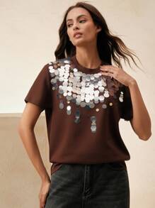 Anewsta Women's Round Neck Short Sleeve Regular Length Elegant Sequin T-Shirt, Spring Summer For Women