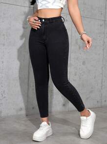 SHEIN PETITE 女式常规休闲百搭高腰修身紧身牛仔裤 - 黑色 - 查看 5