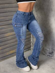 SHEIN SXY Women's Fashion Casual Slim Fit Cargo Jeans - Light Wash - View 4
