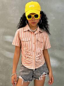 SHEIN Tween Girls Orange Striped Short Sleeve Shirt,Summer Button Front Waist Cinched Collared Shirt,Streetwear City Break Elegant Casual Fitted Tops - Khaki - View 1