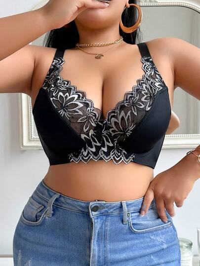 1 pieza Bralette inalámbrico de encaje y parche talla grande para mujer, cómodo