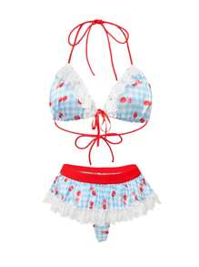 NotGurli Set de lencería de top tipo bralette y bragas con multicapa de volantes, encaje y estampado de flores y cuadros rojos y azules con diseño cruzado en triángulo, ideal para festivales de música y fiestas