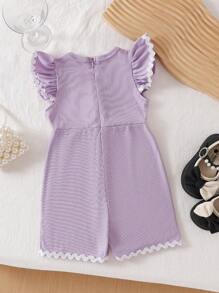 Baby Girls Crew Neck Black Lace Trim Ribbon Cap Sleeve Bowknot Zipper Romper, Cute Sweet, Comfortable Casual, Spring/Summer/Autumn - Purple - View 2