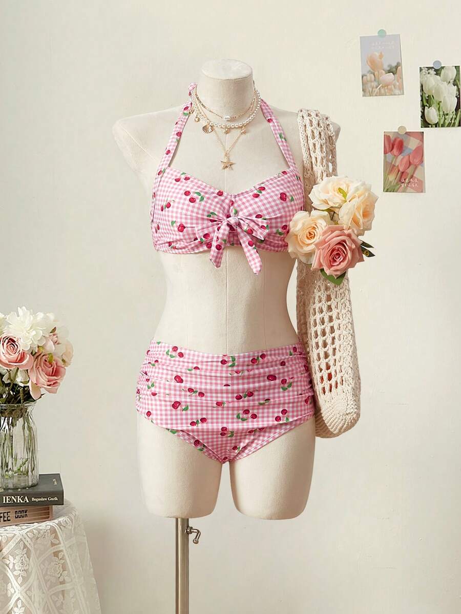 SHEIN MOD Bộ bikini hở eo buộc cổ kẻ caro màu anh đào - trái cam - Xem 1