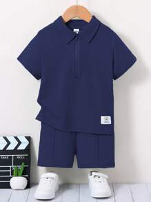 SHEIN Set de 2 piezas con camisa polo de manga corta y color liso + shorts para niño, informal