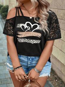 INAWLY Plus Size Asymmetrical Neck Lace Short Sleeve Leopard Heart Print Casual T-Shirt For Spring/Summer