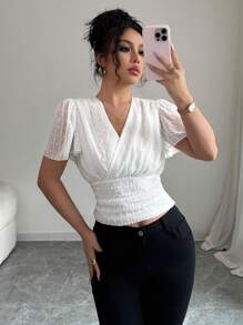 Elenzga Women's Spring Summer New Chiffon Jacquard Waist Gathered Vacation Blouse - White - View 5