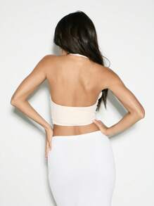 KIZN Halter Neck Plunge Top Draped Panel Design Crop Length Club Party Formal Evening Summer Sleeveless Wrap Style