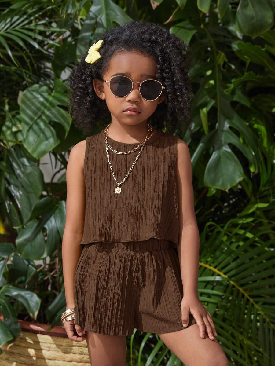 SHEIN Young Girl 2pcs Set: Woven Solid Color Sleeveless Top And Loose Woven Solid Color Shorts - Brown - View 1