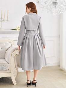 Teen Girls (Girl) 2Pcs Set: Elegant Vintage Woven Pleated Midi Dress & Retro Lapel Short Sleeve Jacket, Autumn/Winter - Grey - View 2