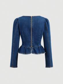 SHEIN MOD Women's Casual Criss-Cross Tie Up Puff Sleeve Denim Jacket - Medium Wash - View 2